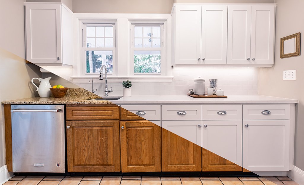 A before and after image of a kitchen remodel project. The kitchen has new white cabinets, countertops, and backsplash.